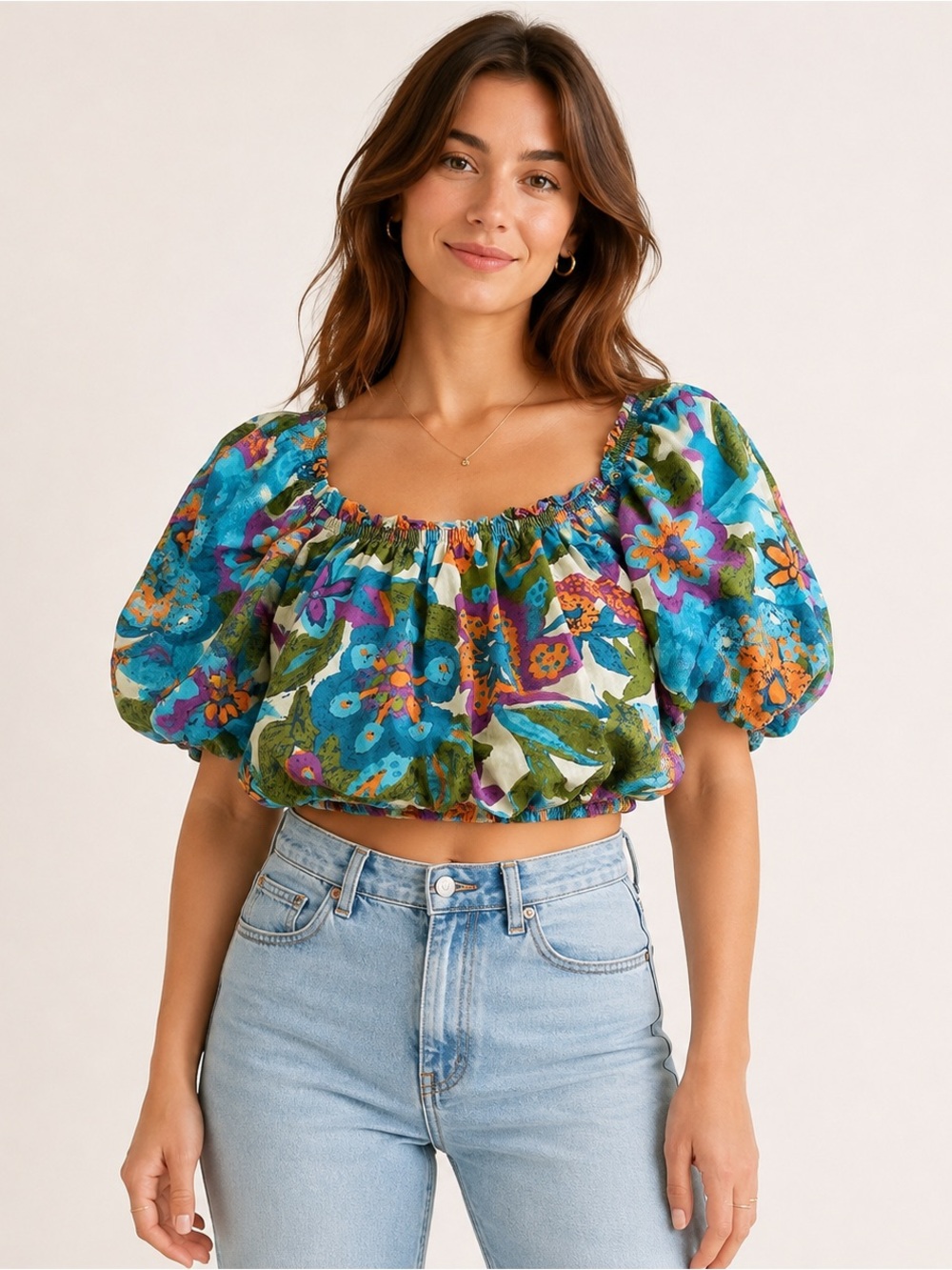 Jennifer & Grace Floral Puff Sleeve Crop Top Medium Boho Peasant Blouse